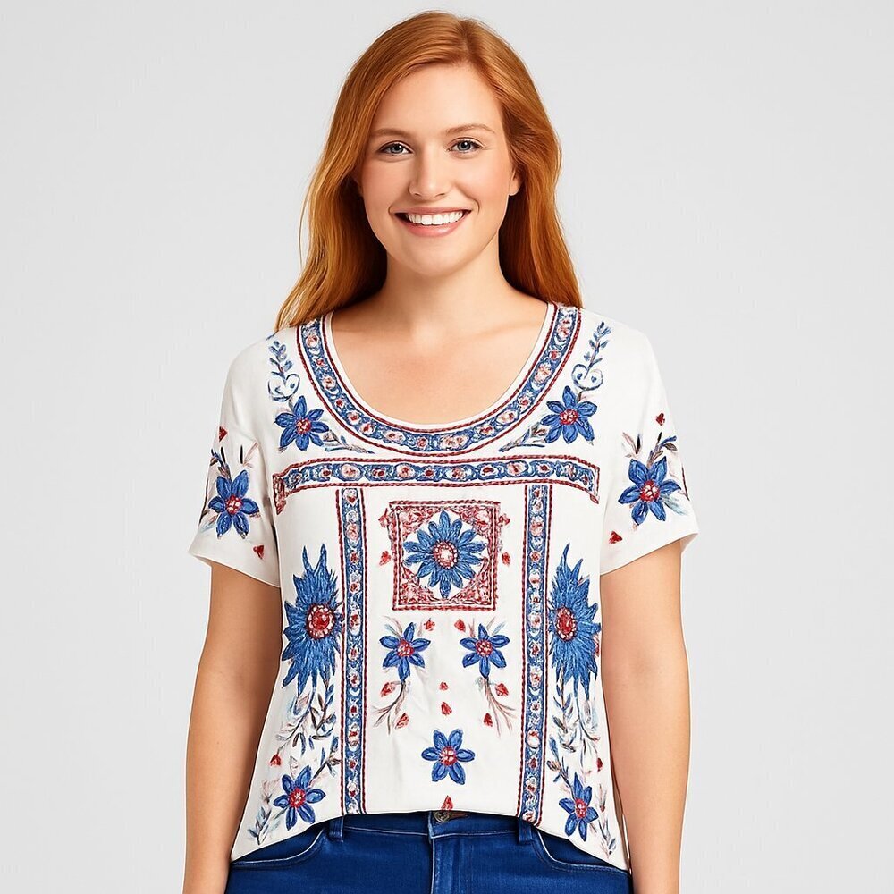 Peter Nygard Petite Large Blue Coral Floral Embroidered Top Blouse